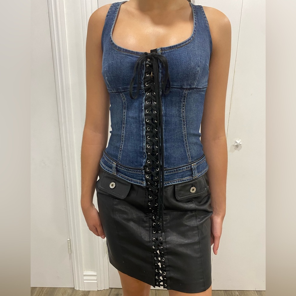 Vintage 90’s D&G Blue Denim and Black Leather Dress - Picture 8 of 16